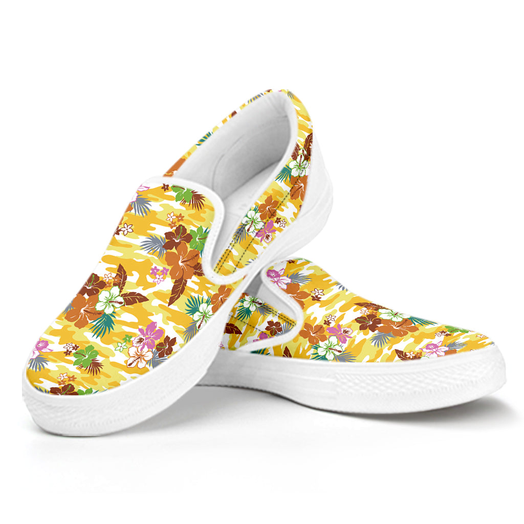 Yellow Camo And Hibiscus Flower Print White Slip On Shoes