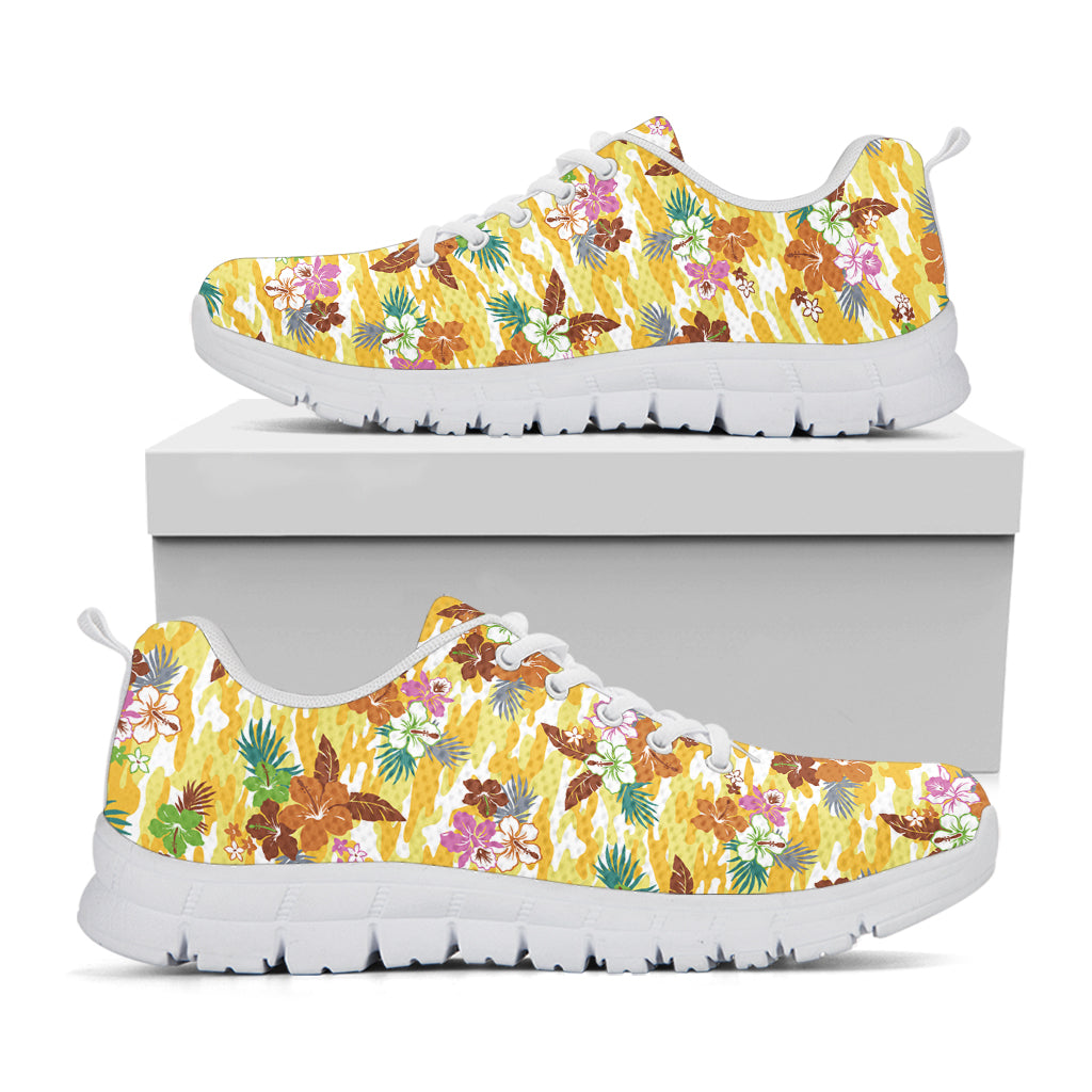 Yellow Camo And Hibiscus Flower Print White Sneakers