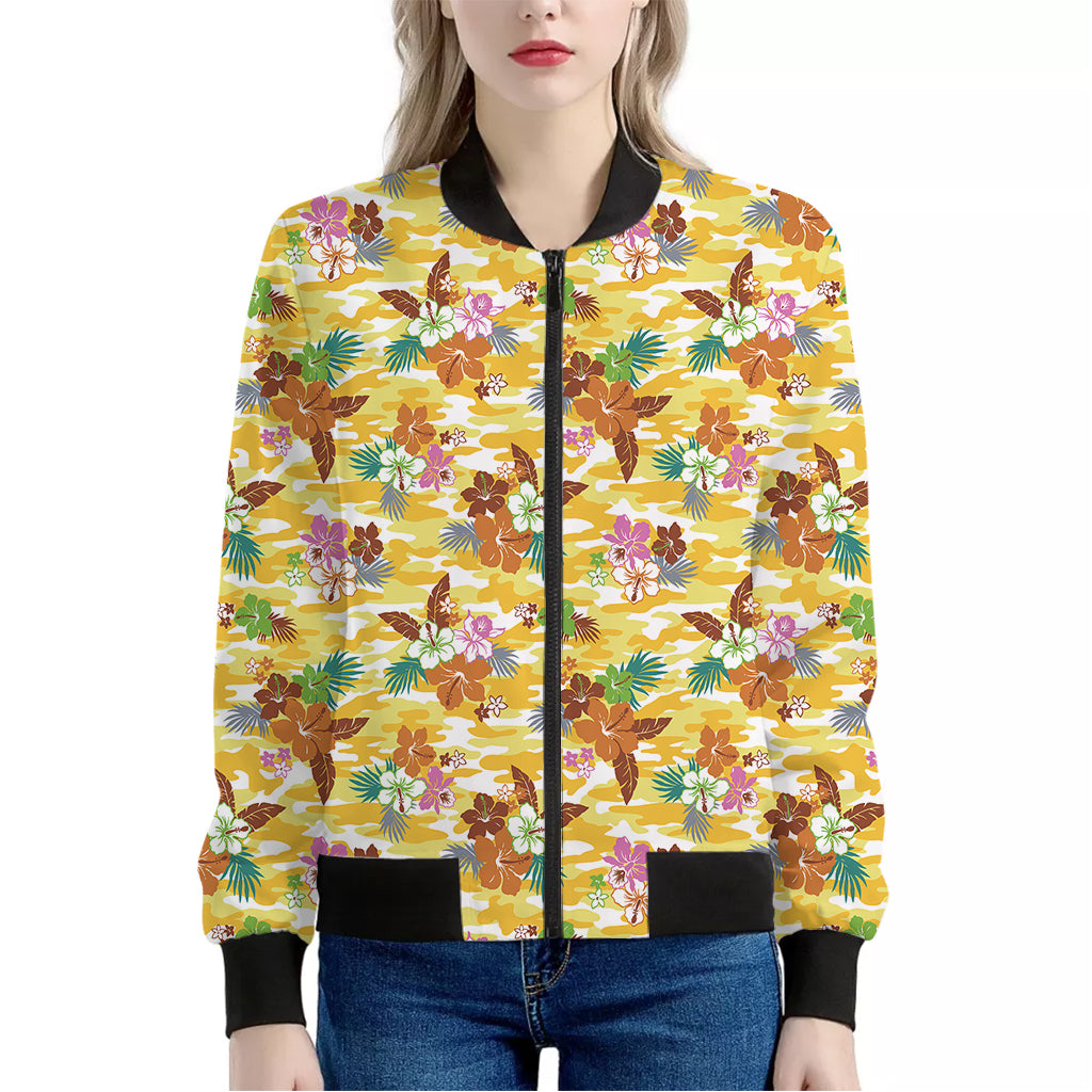 Yellow Camo And Hibiscus Flower Print Women's Bomber Jacket