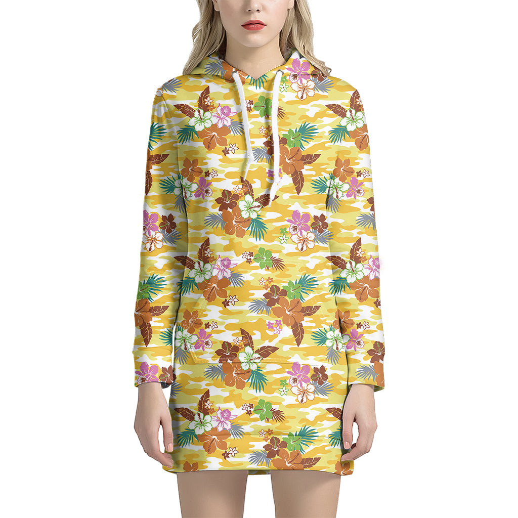 Yellow Camo And Hibiscus Flower Print Women's Pullover Hoodie Dress