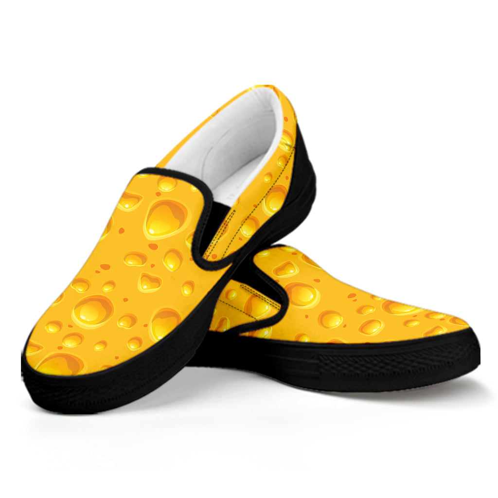 Yellow Cheese Print Black Slip On Shoes