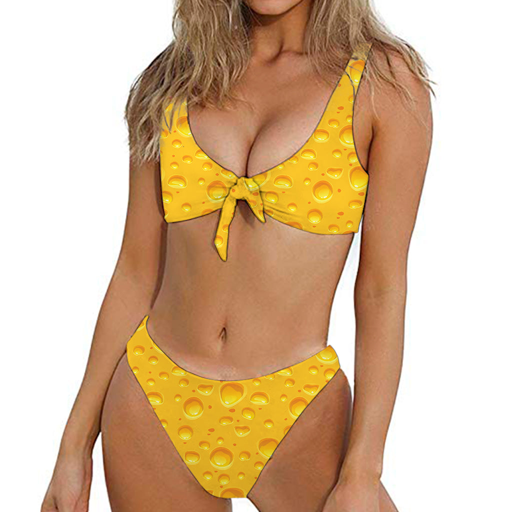 Yellow Cheese Print Front Bow Tie Bikini