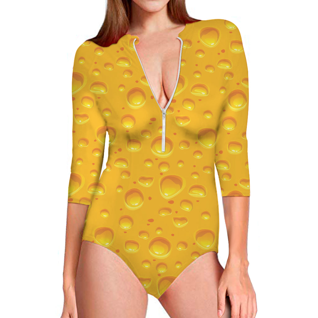 Yellow Cheese Print Long Sleeve One Piece Swimsuit