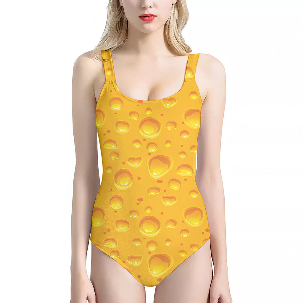 Yellow Cheese Print One Piece Halter Neck Swimsuit