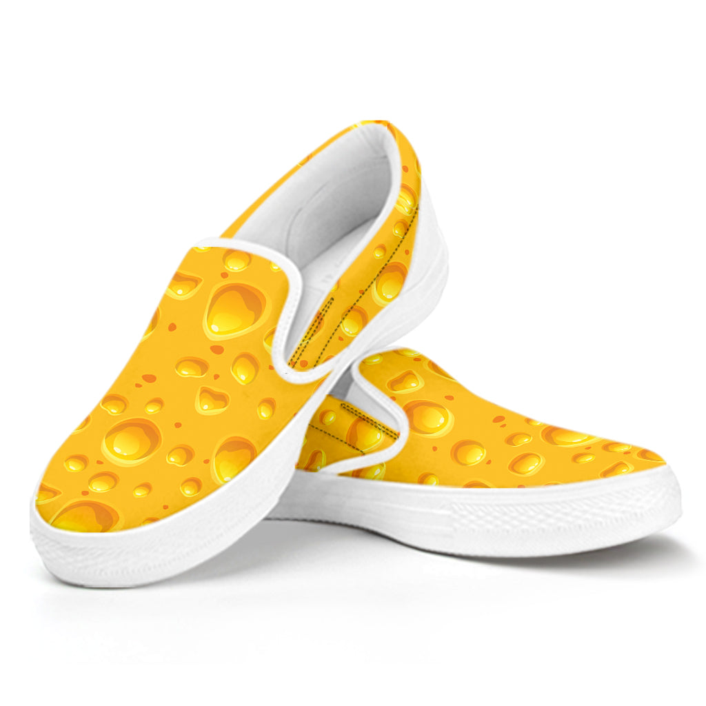 Yellow Cheese Print White Slip On Shoes
