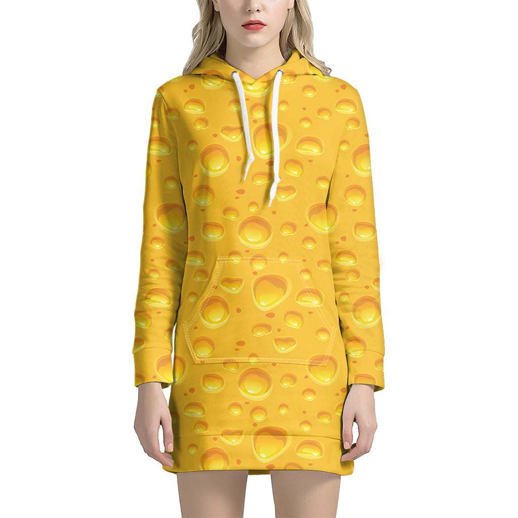 Yellow Cheese Print Women's Pullover Hoodie Dress