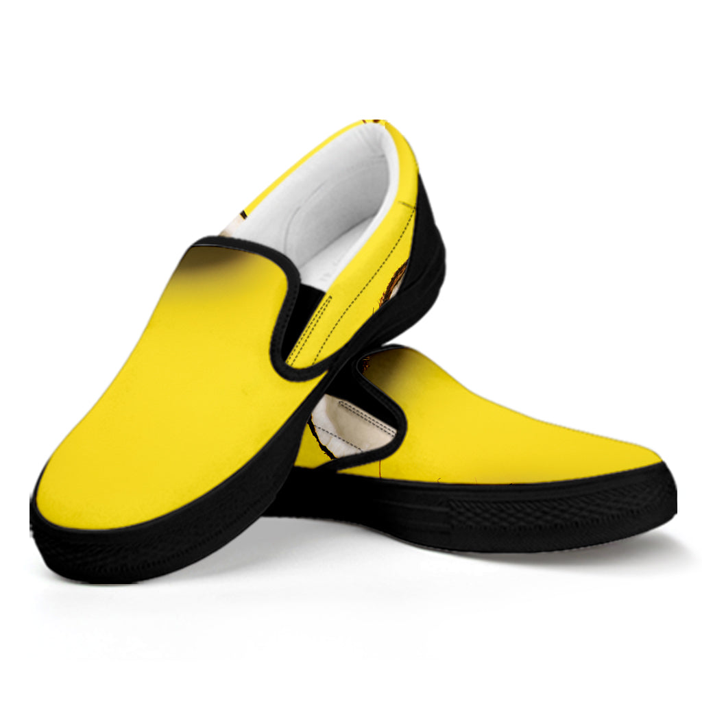 Yellow Coconut Pattern Print Black Slip On Shoes
