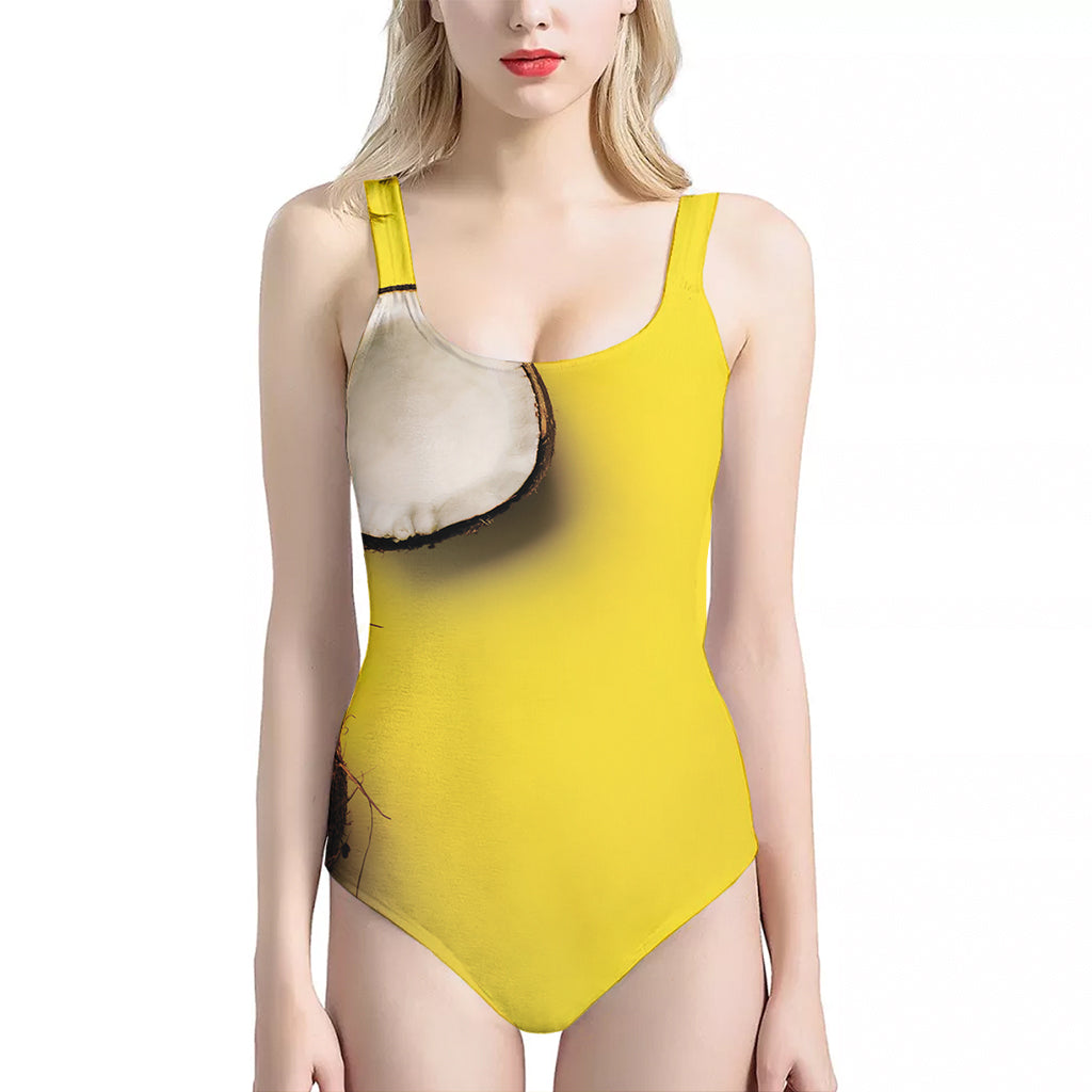 Yellow Coconut Pattern Print One Piece Halter Neck Swimsuit