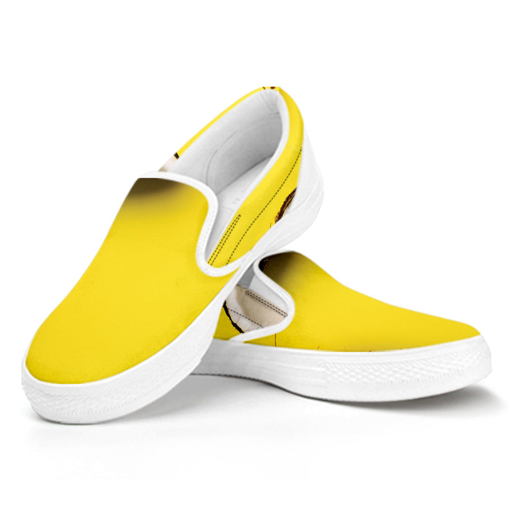 Yellow Coconut Pattern Print White Slip On Shoes