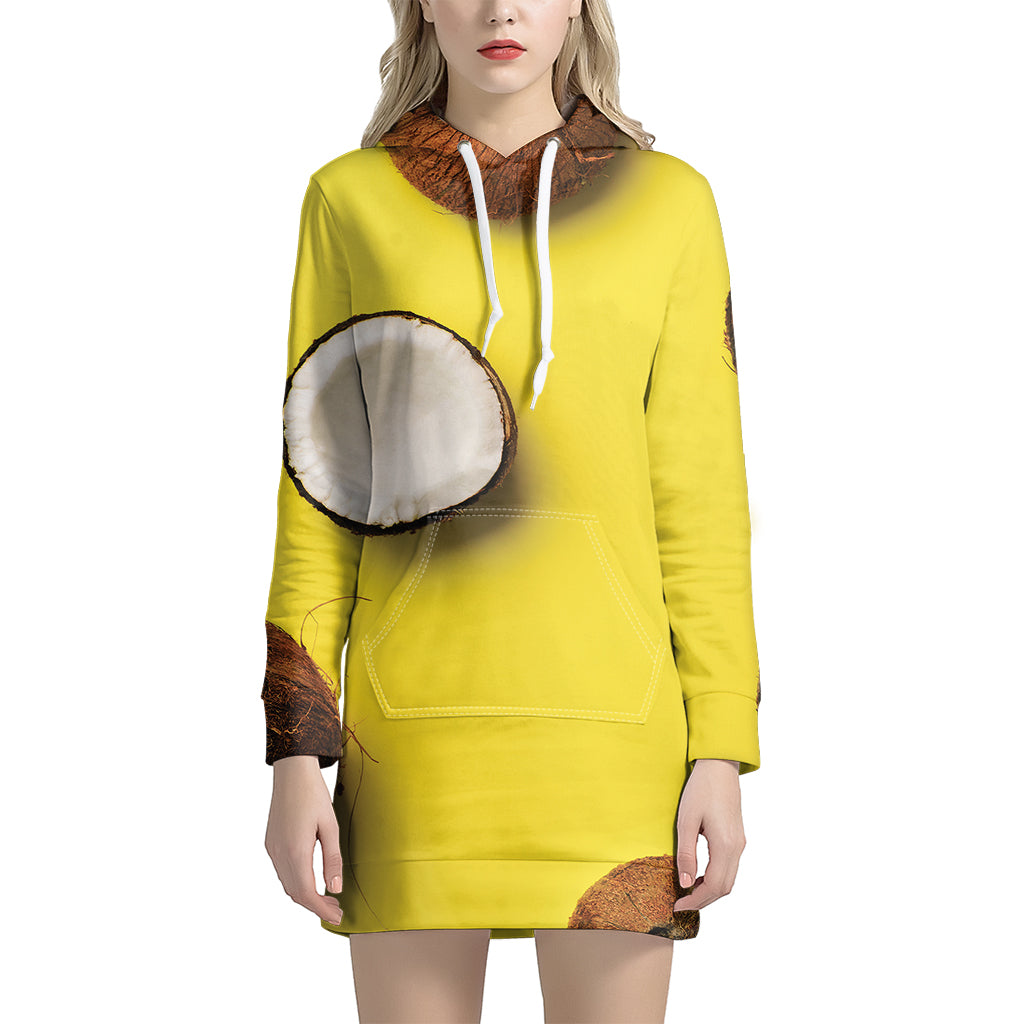 Yellow Coconut Pattern Print Women's Pullover Hoodie Dress