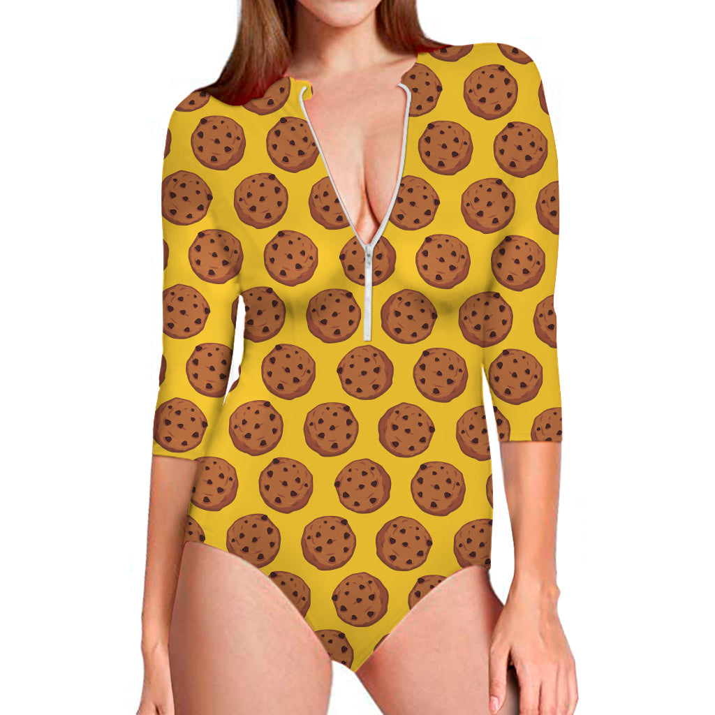 Yellow Cookie Pattern Print Long Sleeve One Piece Swimsuit