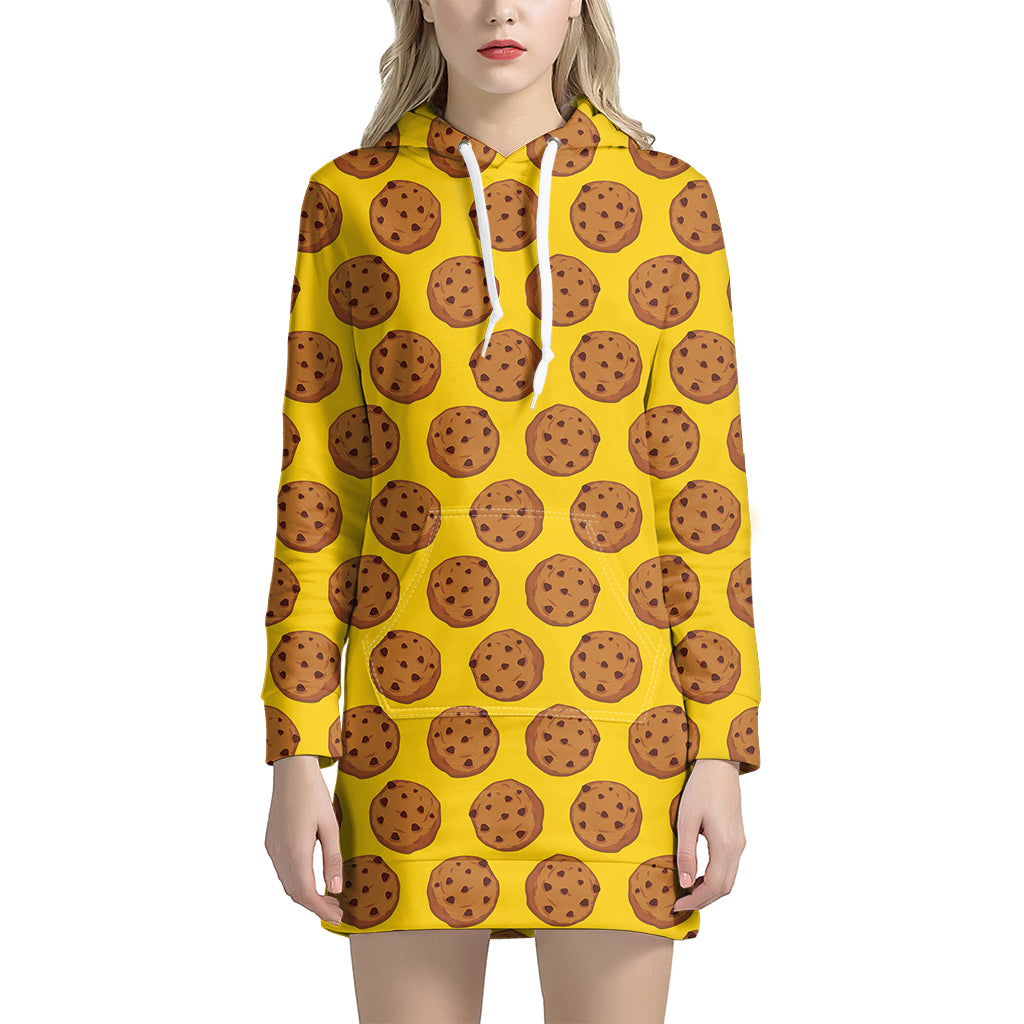 Yellow Cookie Pattern Print Women's Pullover Hoodie Dress