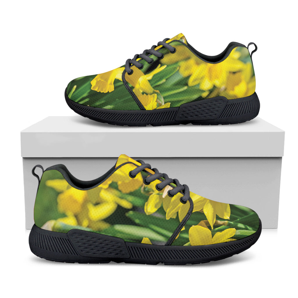 Yellow Daffodil Flower Print Black Athletic Shoes