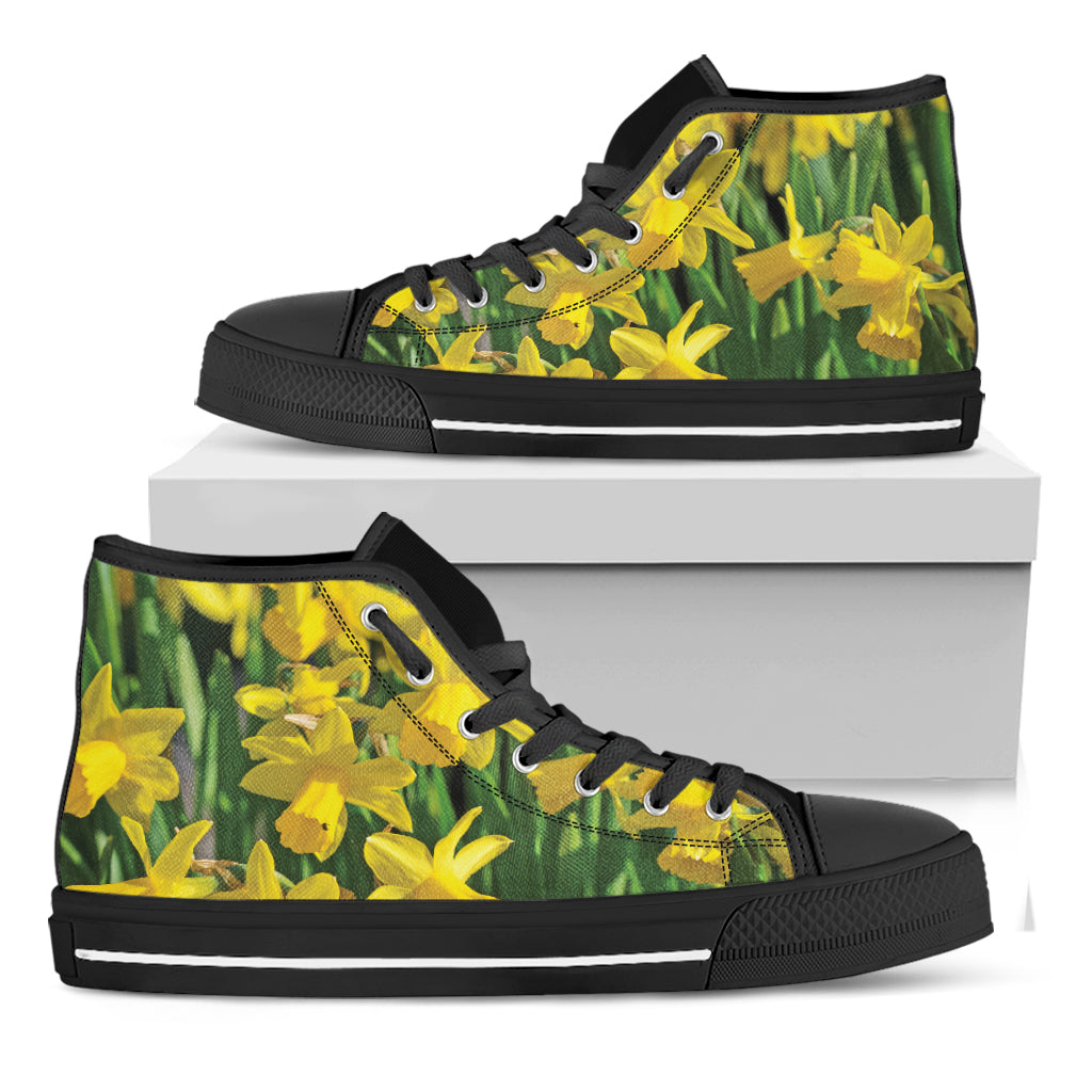 Yellow Daffodil Flower Print Black High Top Shoes