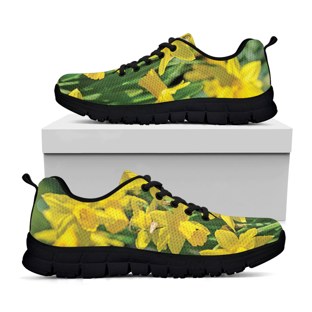 Yellow Daffodil Flower Print Black Sneakers