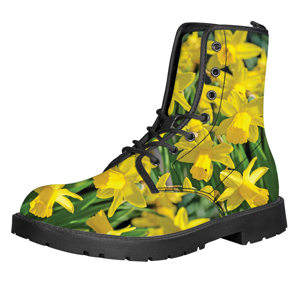 Yellow Daffodil Flower Print Leather Boots