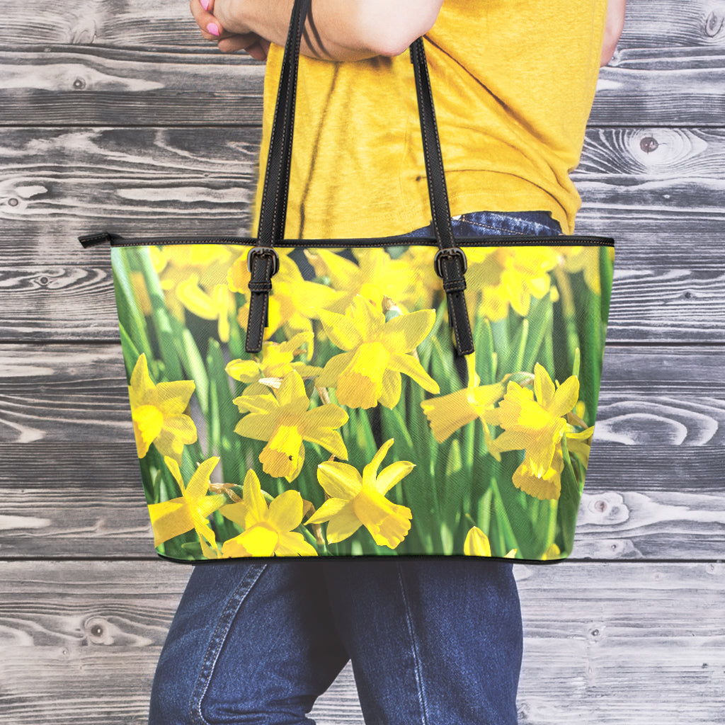 Yellow Daffodil Flower Print Leather Tote Bag