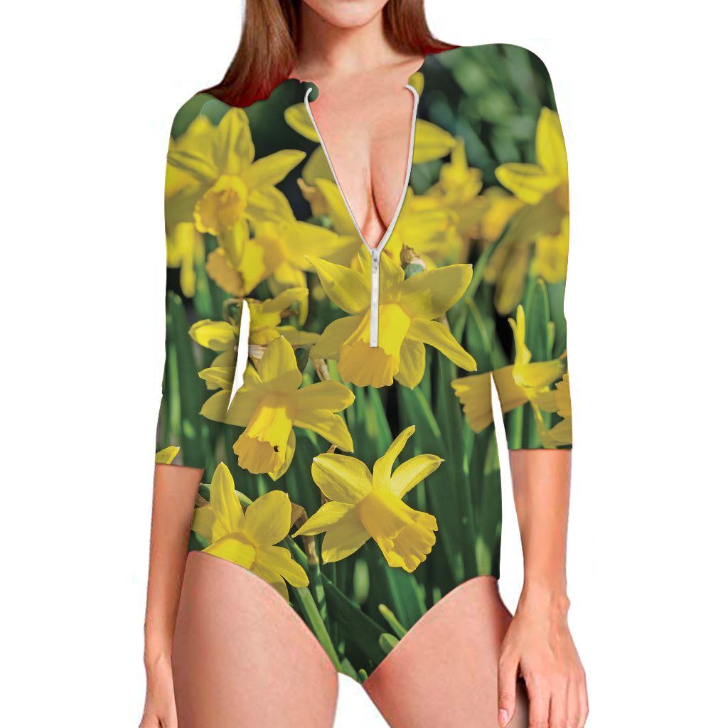 Yellow Daffodil Flower Print Long Sleeve One Piece Swimsuit