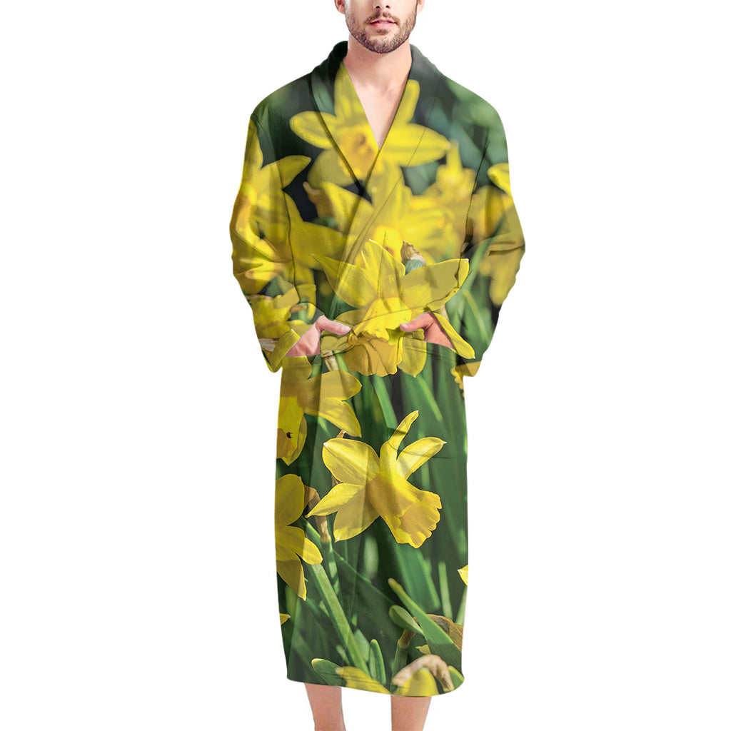 Yellow Daffodil Flower Print Men's Bathrobe