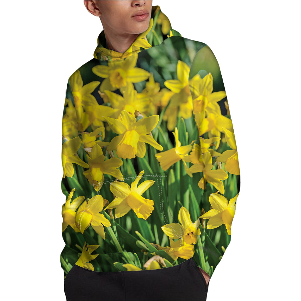 Yellow Daffodil Flower Print Pullover Hoodie