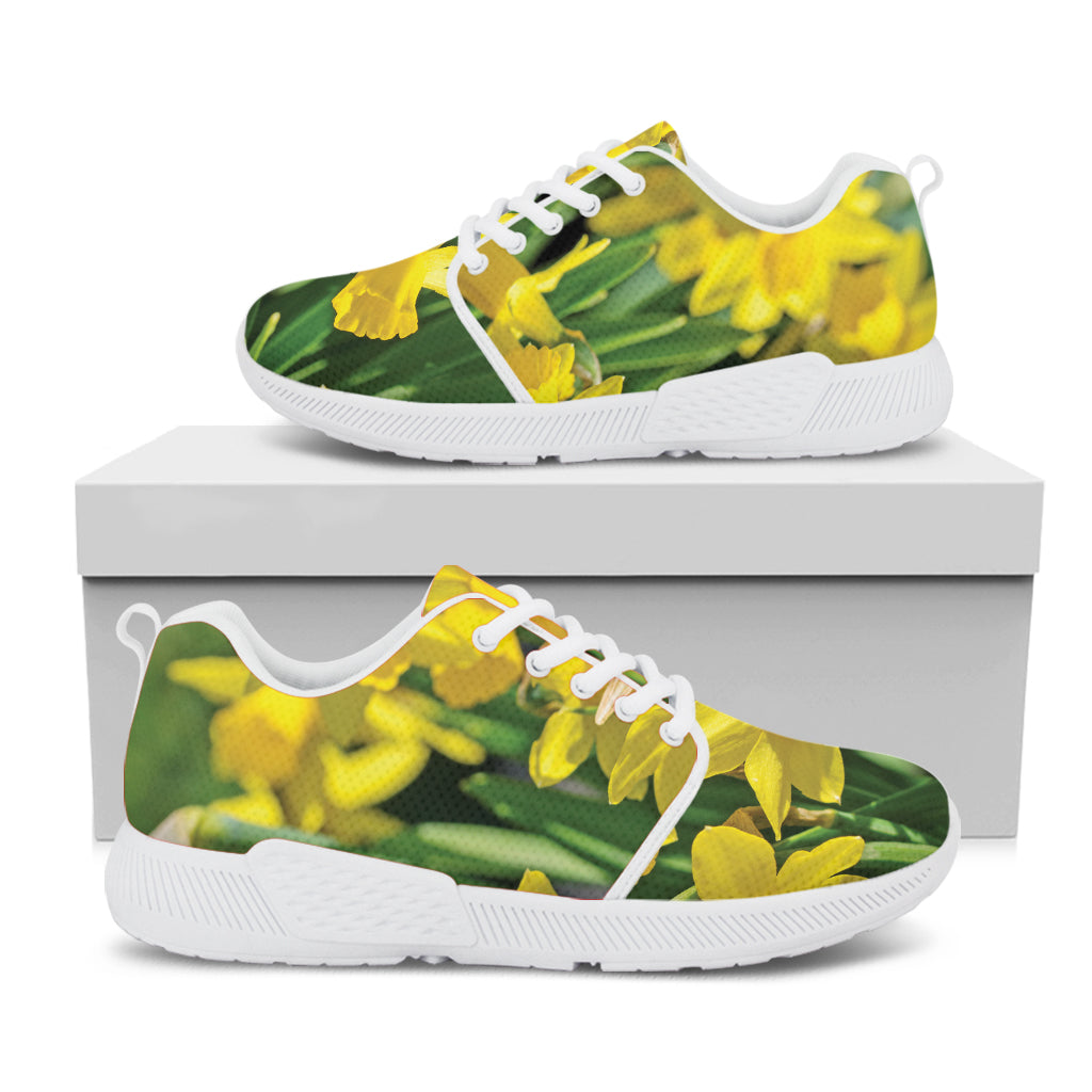 Yellow Daffodil Flower Print White Athletic Shoes