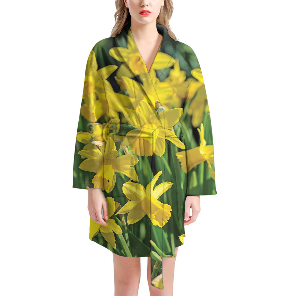 Yellow Daffodil Flower Print Women's Bathrobe