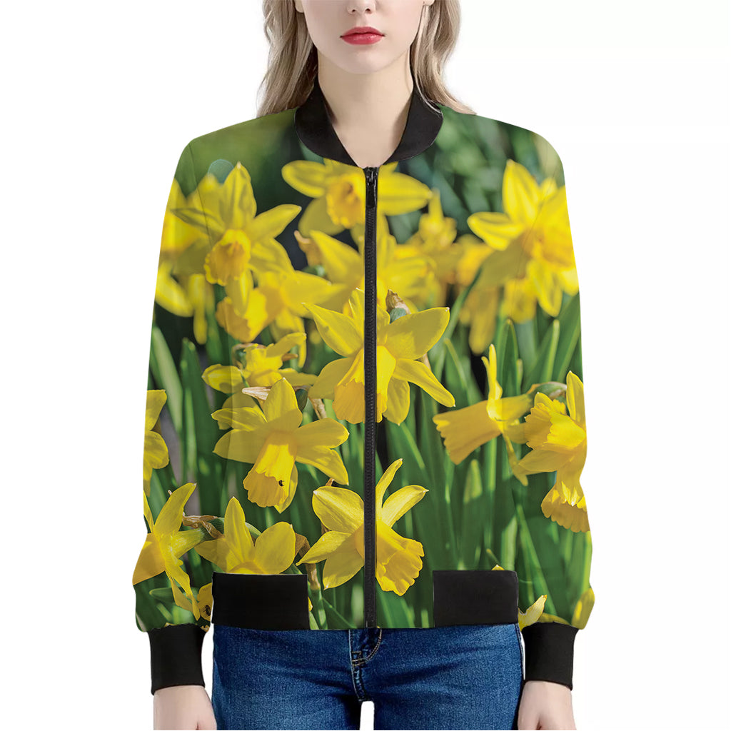 Yellow Daffodil Flower Print Women's Bomber Jacket