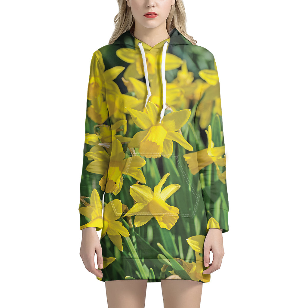 Yellow Daffodil Flower Print Women's Pullover Hoodie Dress