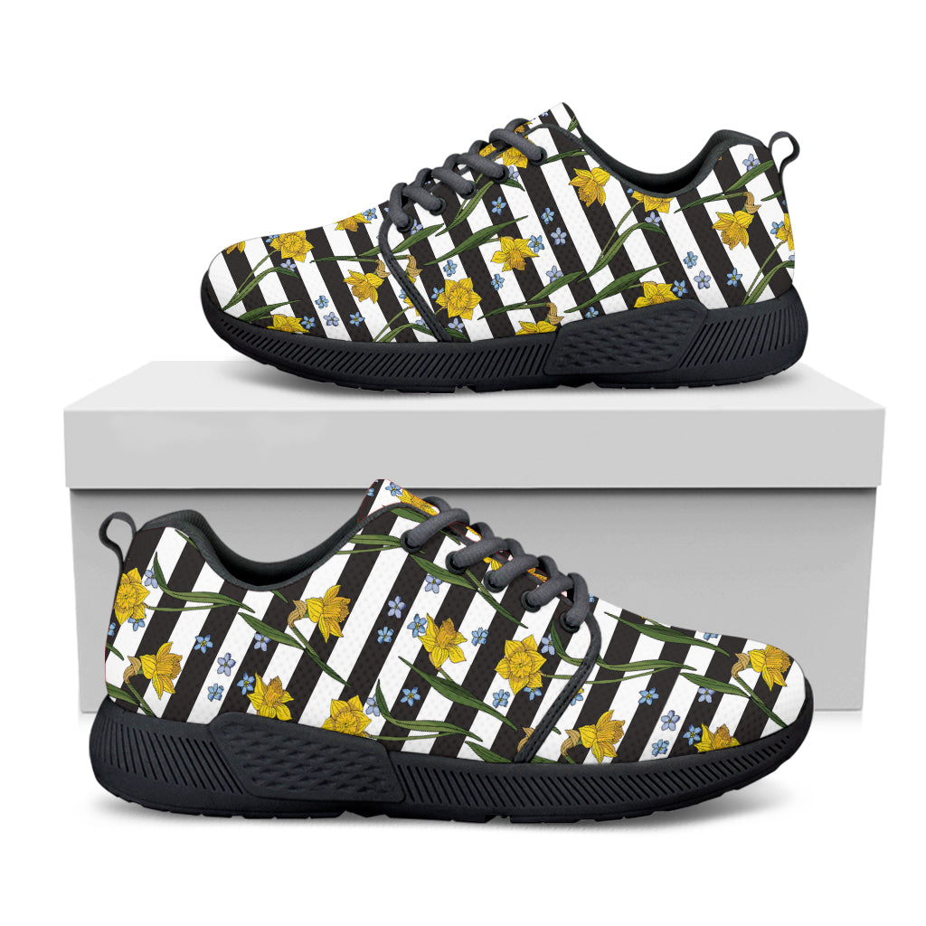 Yellow Daffodil Striped Pattern Print Black Athletic Shoes