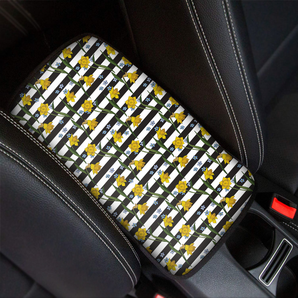 Yellow Daffodil Striped Pattern Print Car Center Console Cover