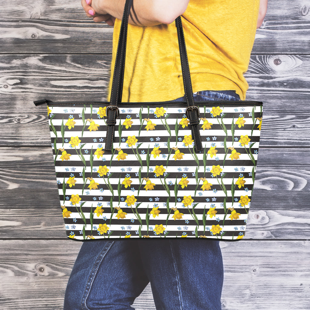 Yellow Daffodil Striped Pattern Print Leather Tote Bag