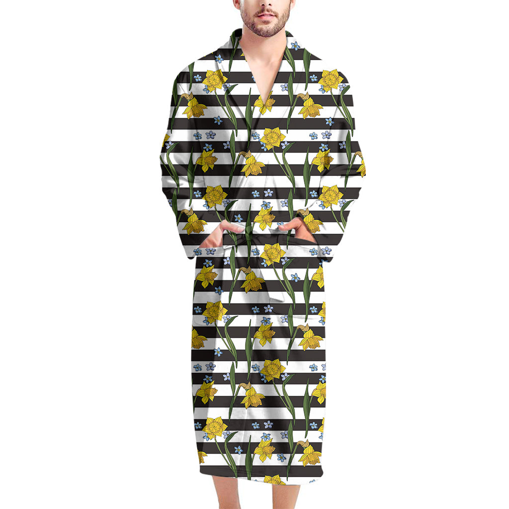 Yellow Daffodil Striped Pattern Print Men's Bathrobe