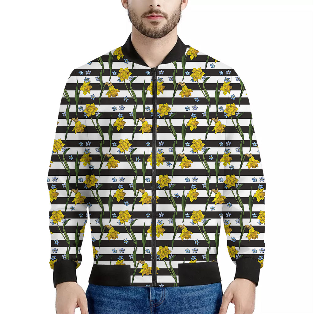 Yellow Daffodil Striped Pattern Print Men's Bomber Jacket