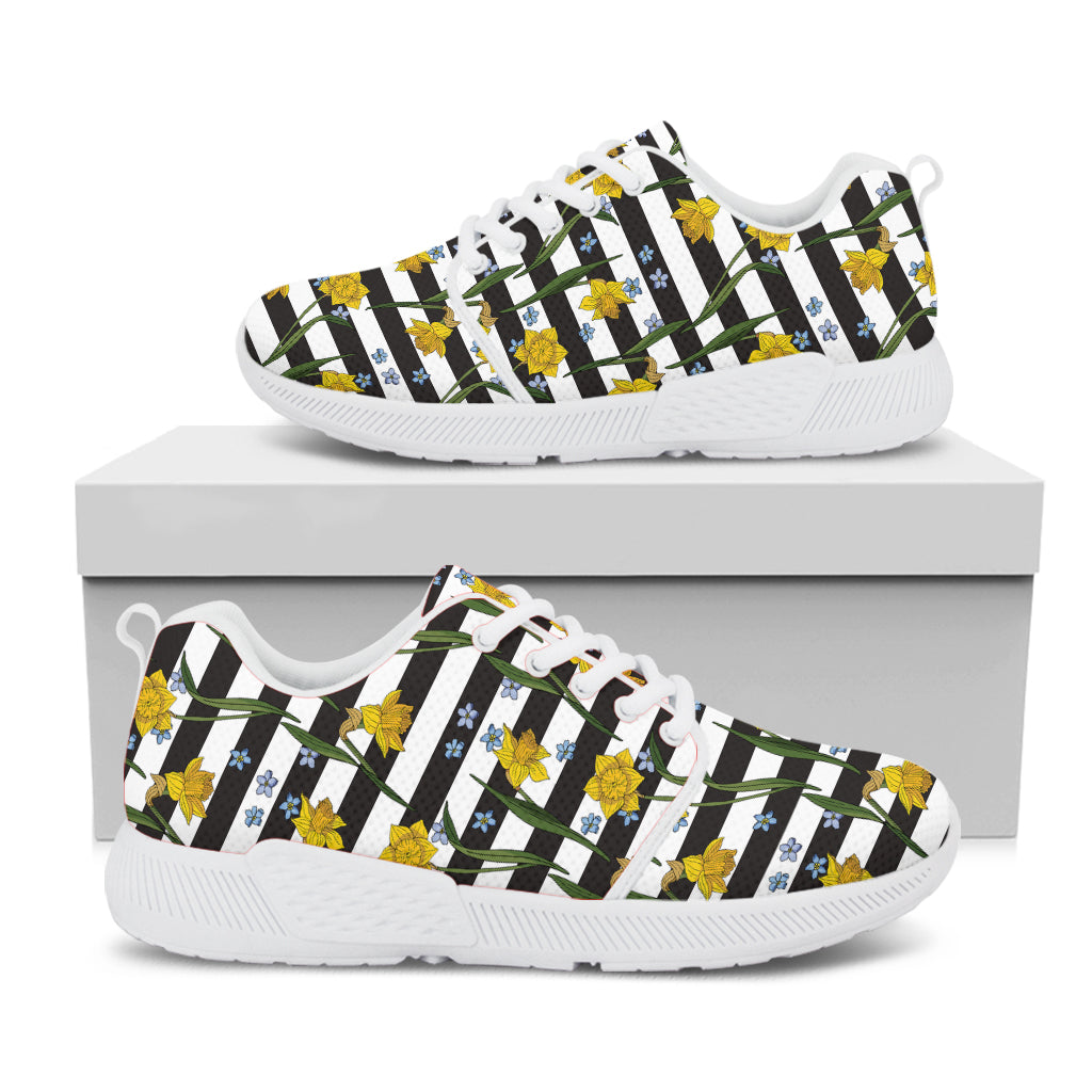 Yellow Daffodil Striped Pattern Print White Athletic Shoes