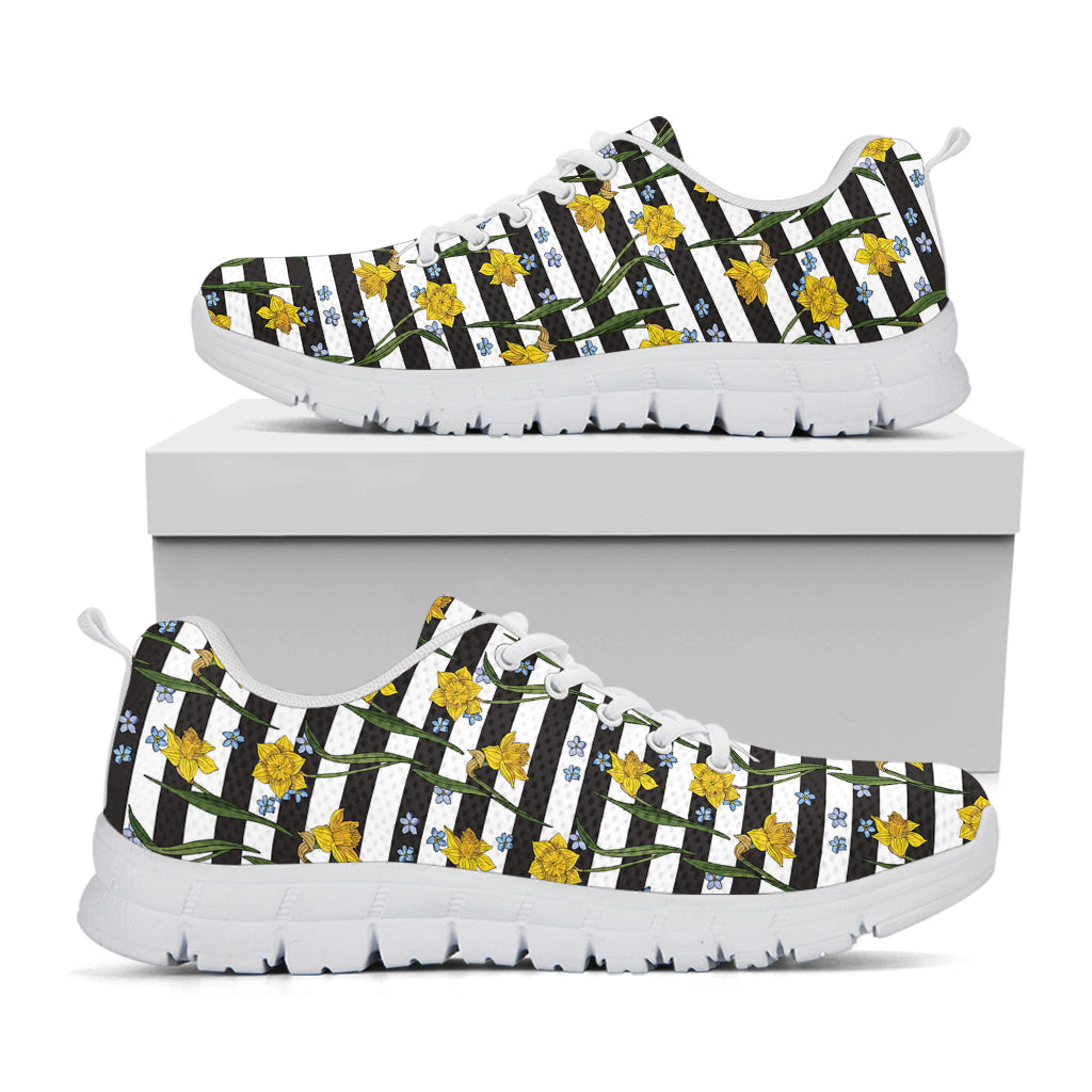 Yellow Daffodil Striped Pattern Print White Sneakers