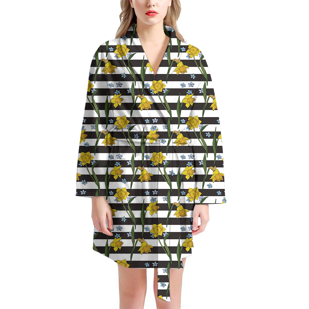 Yellow Daffodil Striped Pattern Print Women's Bathrobe