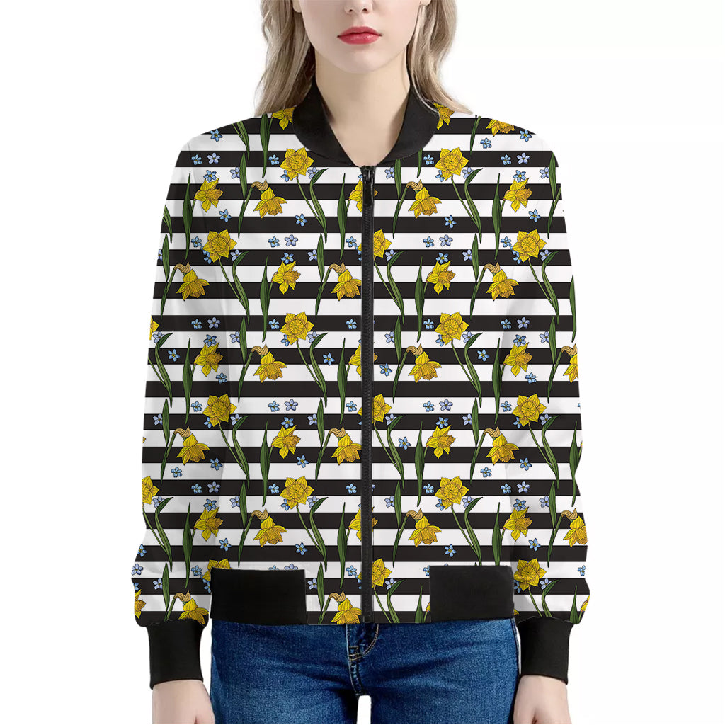 Yellow Daffodil Striped Pattern Print Women's Bomber Jacket