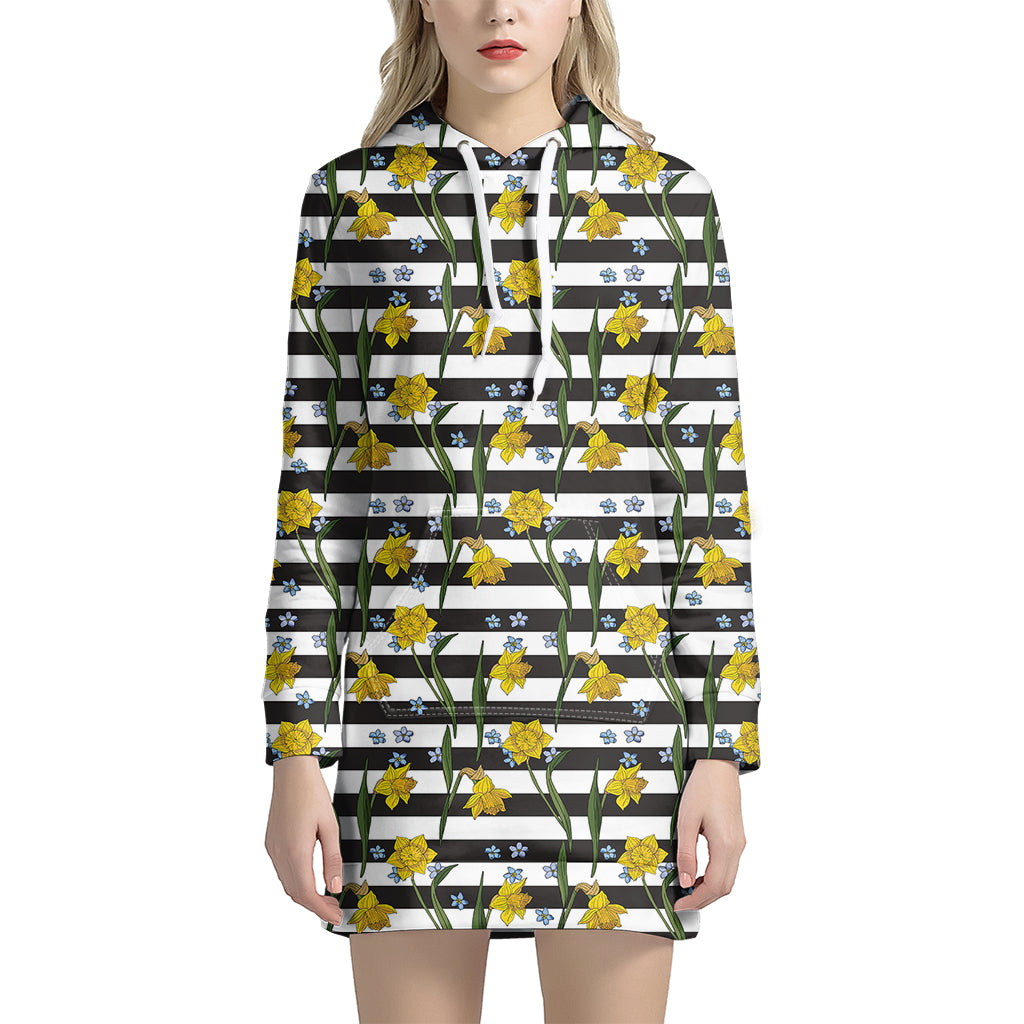 Yellow Daffodil Striped Pattern Print Women's Pullover Hoodie Dress