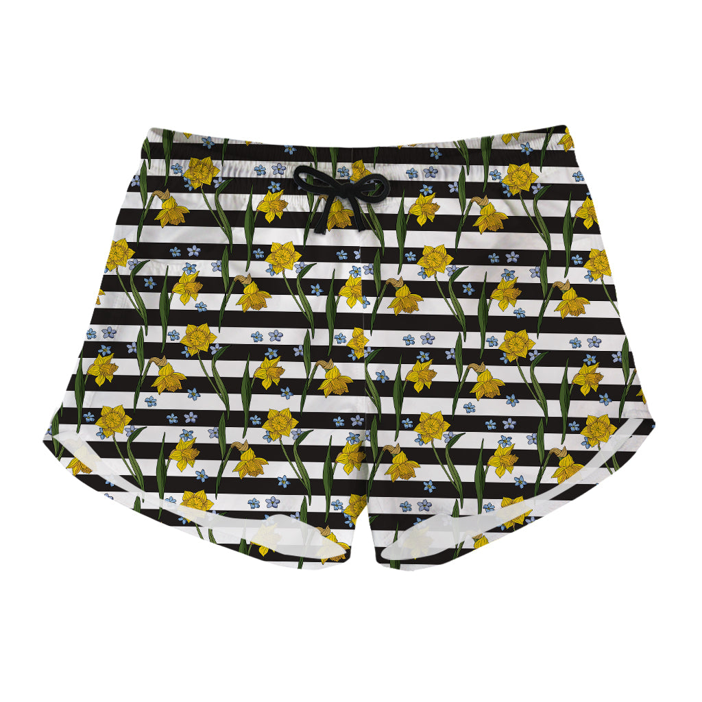 Yellow Daffodil Striped Pattern Print Women's Shorts