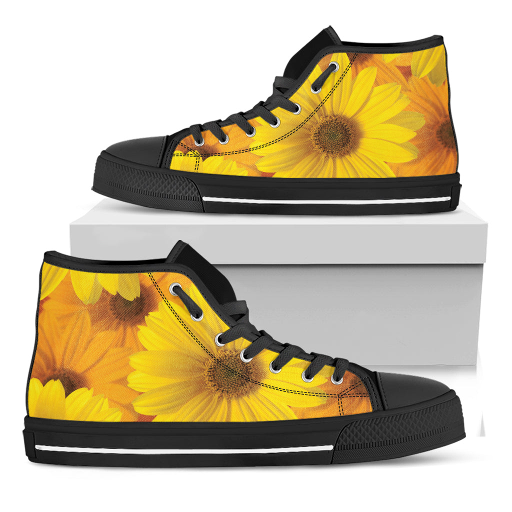 Yellow Daisy Flower Print Black High Top Shoes