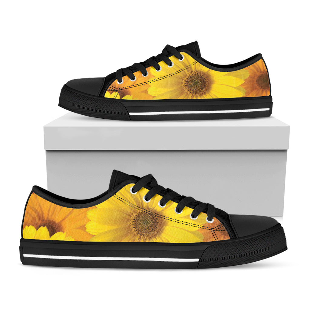 Yellow Daisy Flower Print Black Low Top Shoes