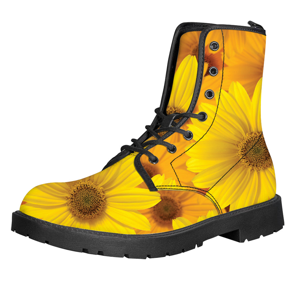 Yellow Daisy Flower Print Leather Boots