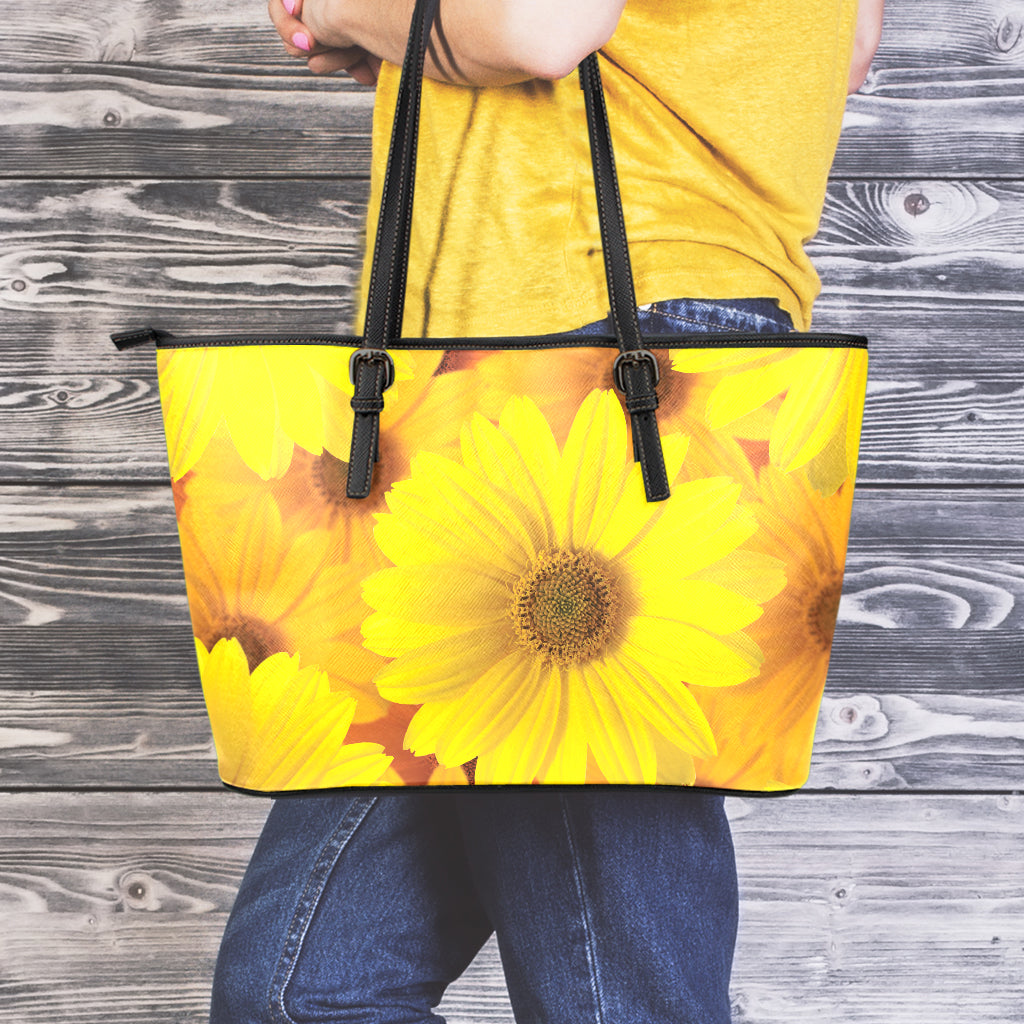 Yellow Daisy Flower Print Leather Tote Bag