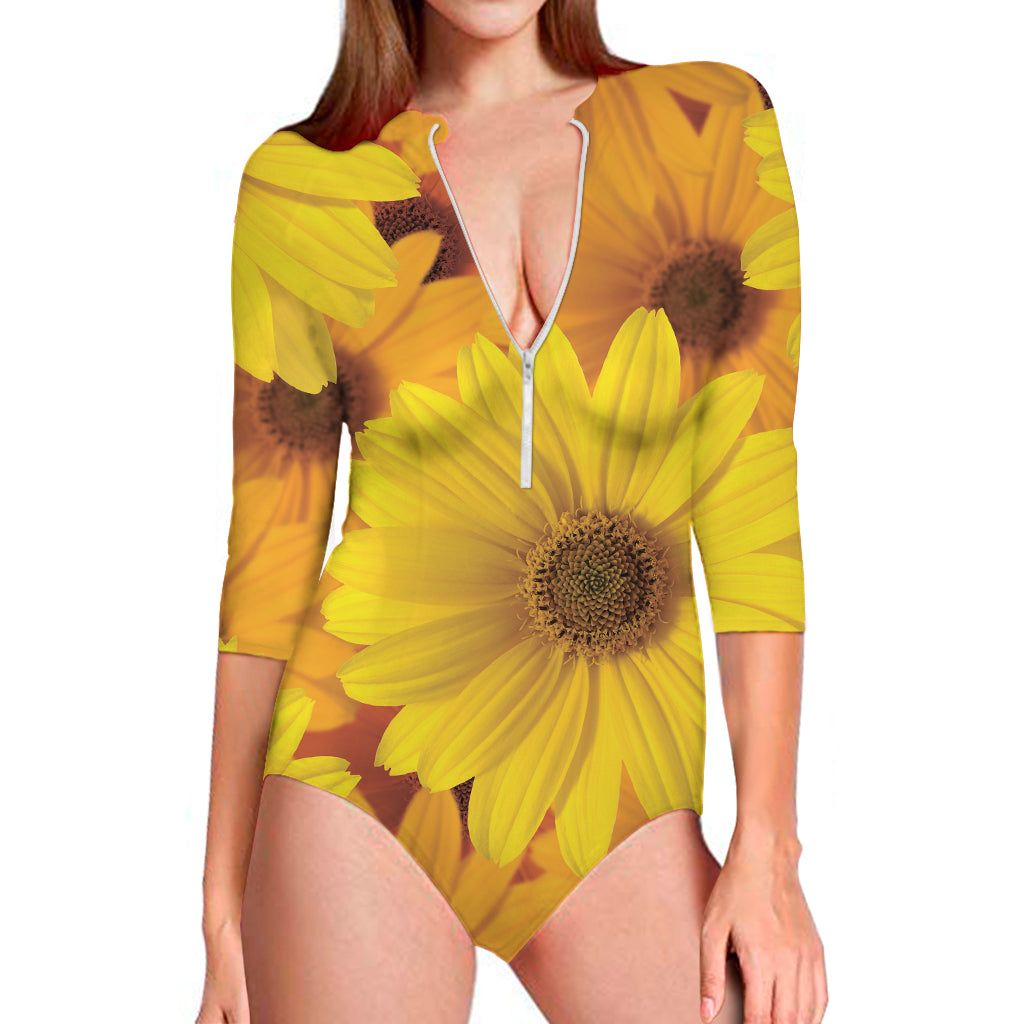 Yellow Daisy Flower Print Long Sleeve One Piece Swimsuit