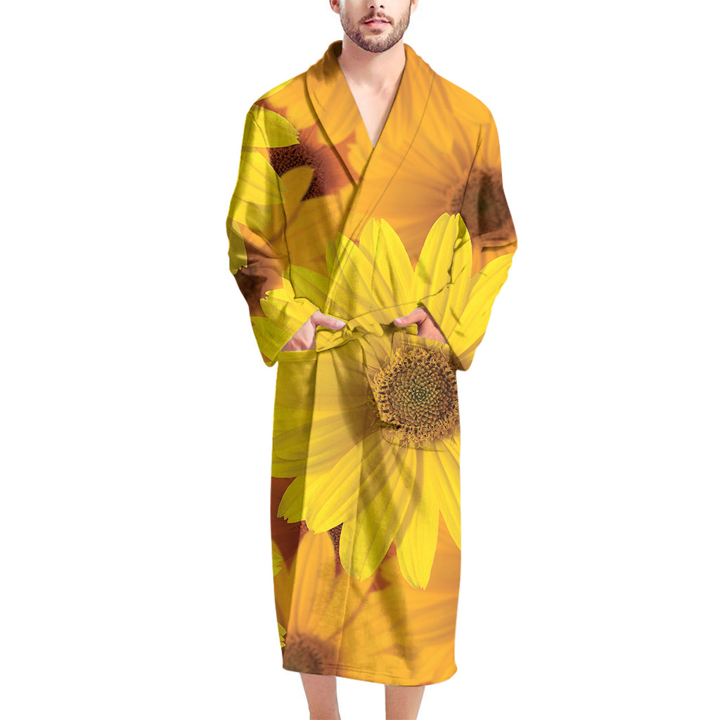 Yellow Daisy Flower Print Men's Bathrobe