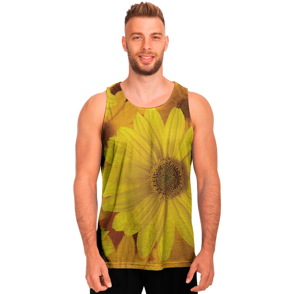 Yellow Daisy Flower Print Men's Tank Top