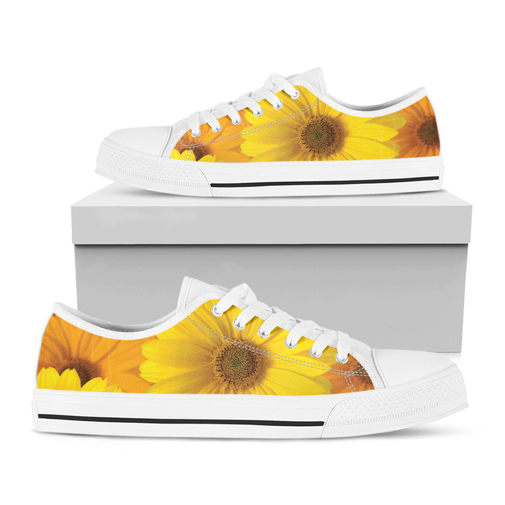 Yellow Daisy Flower Print White Low Top Shoes