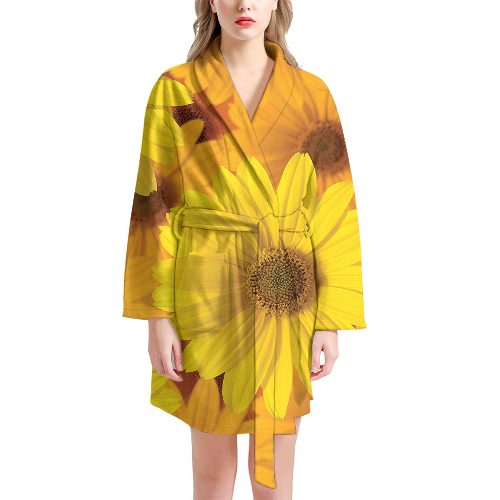 Yellow Daisy Flower Print Women's Bathrobe