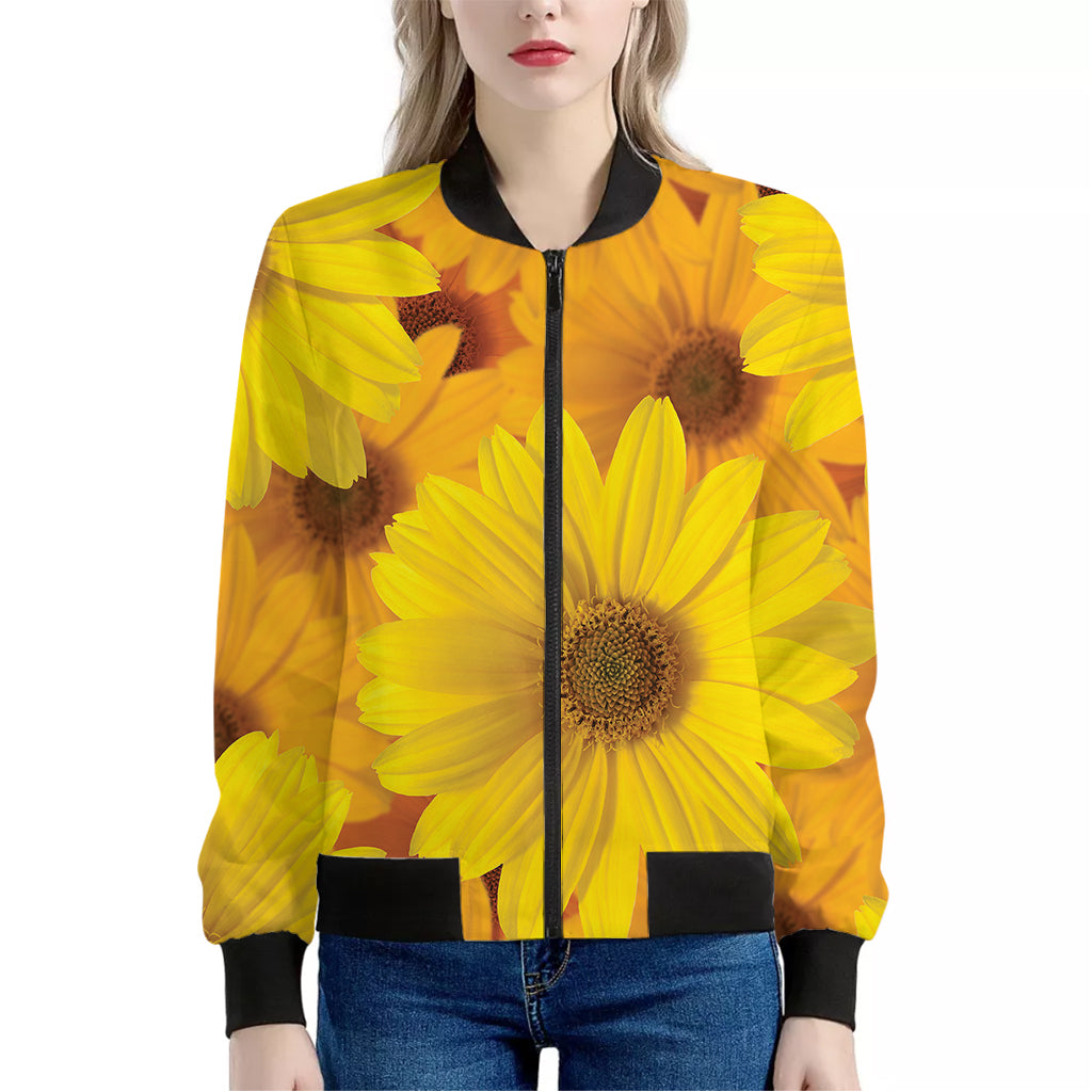 Yellow Daisy Flower Print Women's Bomber Jacket