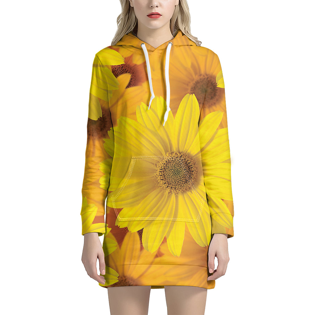 Yellow Daisy Flower Print Women's Pullover Hoodie Dress